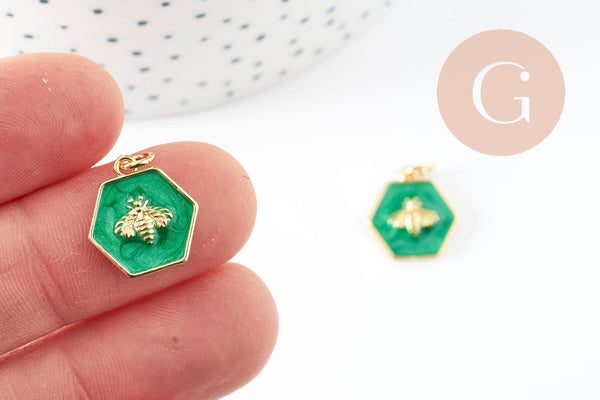 Pendentif hexagone abeille zamac doré résine verte 15mm, pendentif insecte,sans nickel, abeille dorée, x1 G9411