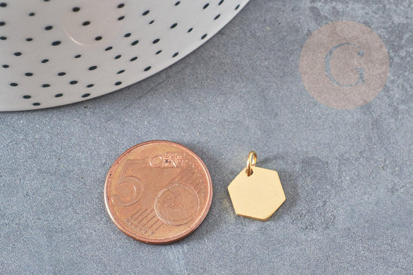Pendentif hexagone acier doré inoxydable 11.5mm, x1 (G6118)