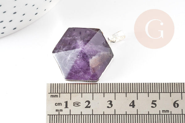 Pendentif hexagone améthyste violette, pendentif pierre,support doré ou argenté, 33mm, x1 (G3104)