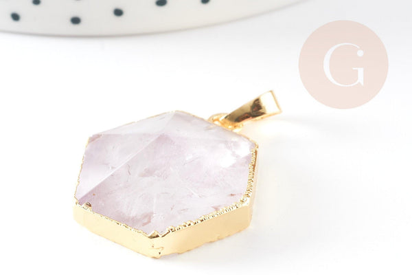 Pendentif hexagone améthyste violette, pendentif pierre,support doré ou argenté, 33mm, x1 (G3104)
