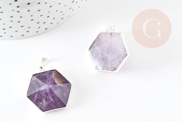 Pendentif hexagone améthyste violette, pendentif pierre,support doré ou argenté, 33mm, x1 (G3104)