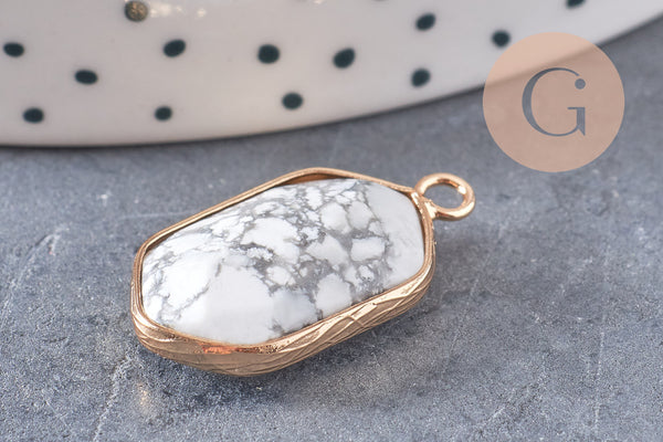 Pendentif hexagone howlite,pendentif pierre, support doré,création bijou,pierre naturelle,bijou pierre, howlite naturelle,25mm-G1868