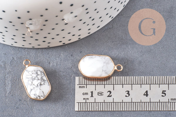 Pendentif hexagone howlite,pendentif pierre, support doré,création bijou,pierre naturelle,bijou pierre, howlite naturelle,25mm-G1868
