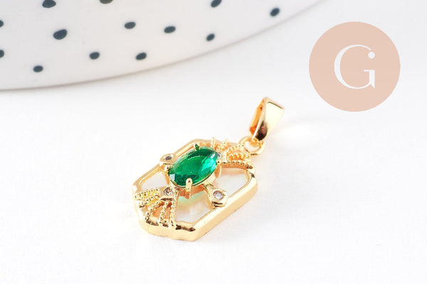Pendentif hexagone nacre zircon blanc et vert laiton doré 18K 18mm, x1 (G10082)