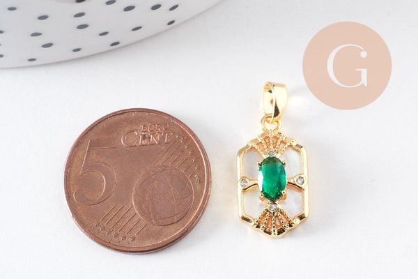 Pendentif hexagone nacre zircon blanc et vert laiton doré 18K 18mm, x1 (G10082)