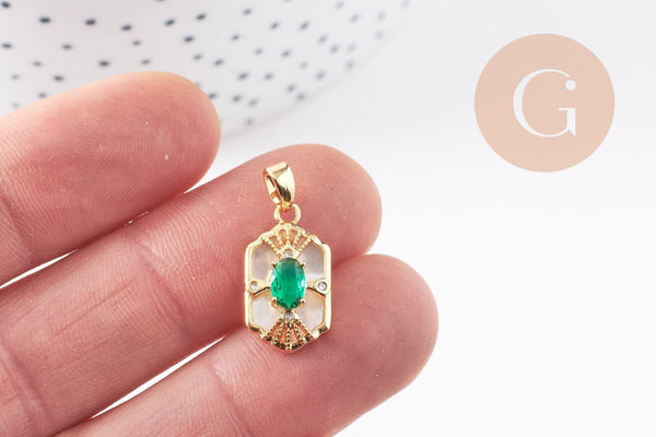 Pendentif hexagone nacre zircon blanc et vert laiton doré 18K 18mm, x1 (G10082)