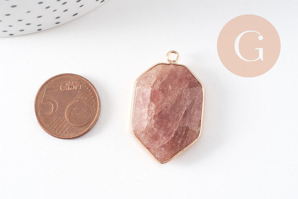 Pendentif hexagone quartz fraise,pendentif pierre,pendentif collier,pierre naturelle,pendentif quartz, quartz naturel,36mm x1 G1896