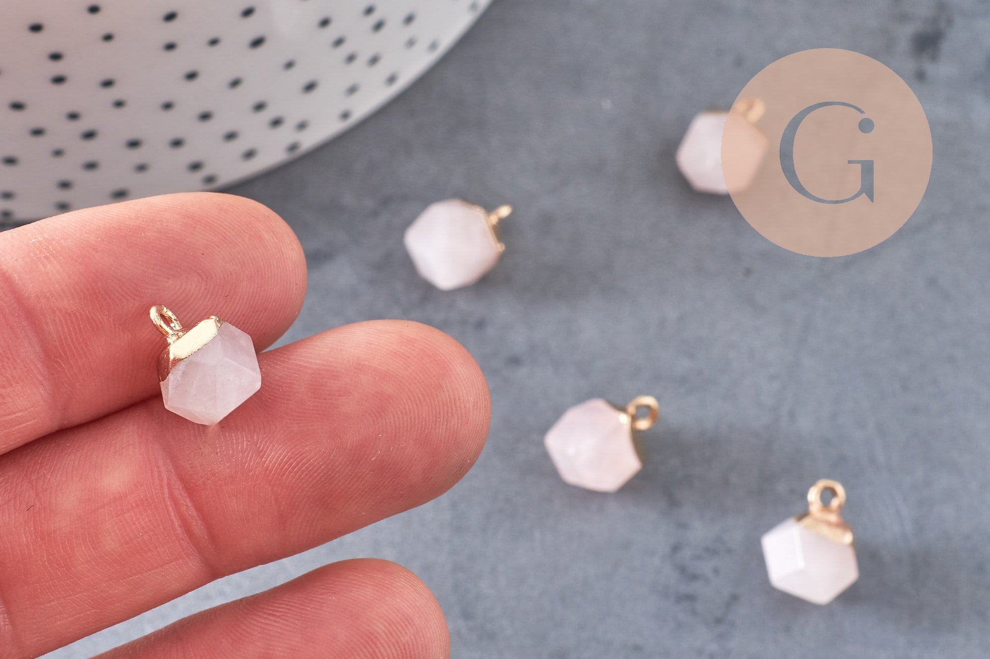 Pendentif hexagone quartz rose11mm, pendentif pierre quartz rose naturel pour création bijoux, x2-G0207