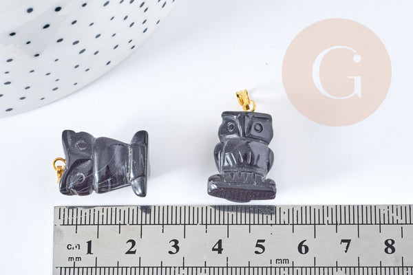 Pendentif hibou agate noir support doré 23mm, pendentif pierre création bijoux, x1, G8639
