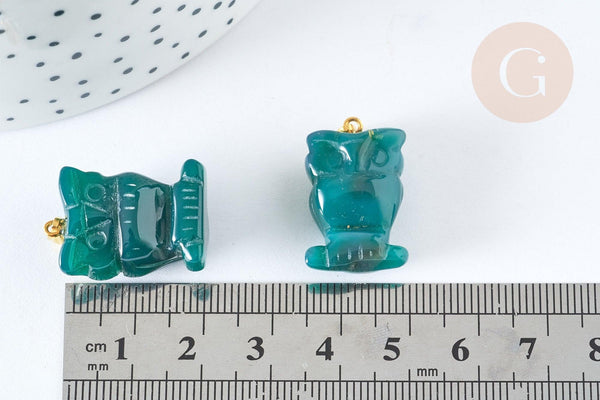 Pendentif hibou agate verte support doré 20mm, pendentif pierre agate naturelle verte,pierre naturelle, x1, G7570