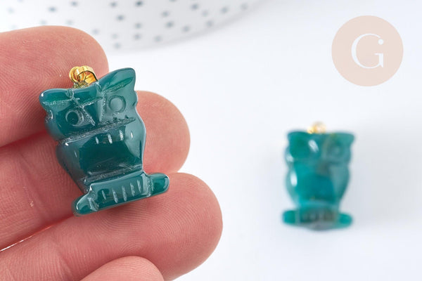 Pendentif hibou agate verte support doré 20mm, pendentif pierre agate naturelle verte,pierre naturelle, x1, G7570