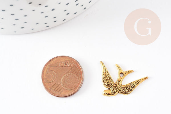 Pendentif hirondelle zamac doré 25mm, pendentif oiseau doré pour création bijoux, x2 G0999