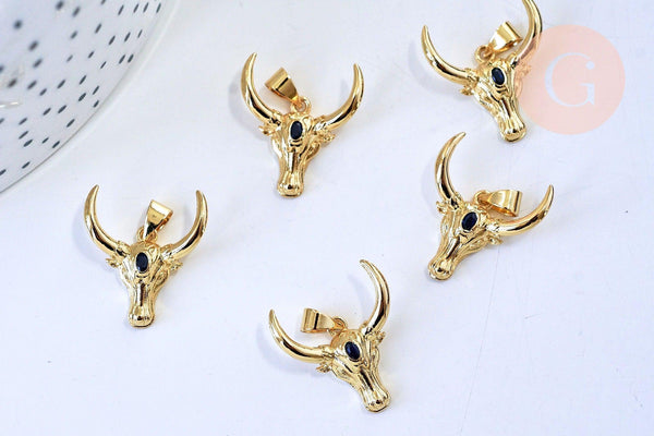 Pendentif laiton doré 16K tête de vache & zircon 21mm, bijou en laiton doré sans libération de nickel, x1 G5854