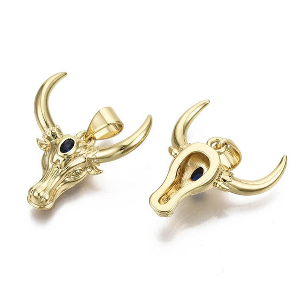 Pendentif laiton doré 16K tête de vache & zircon 21mm, bijou en laiton doré sans libération de nickel, x1 G5854