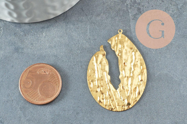 Pendentif laiton doré goutte évidée martelé, breloques laiton brut sans nickel pour création bijoux géométrique,42mm, X2 (G4679)