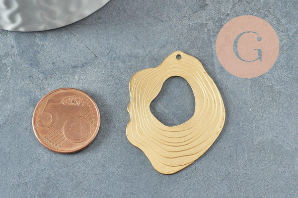 Pendentif laiton doré ovale vague striée 41mm, fourniture en laiton brut sans nickel pour création bijoux géométriques, X2 (G4682)