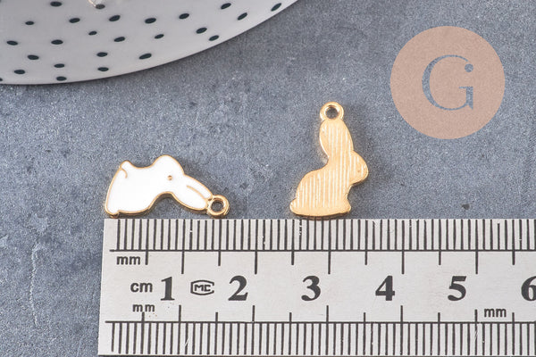 Pendentif lapin zamac doré émail blanc 17mm,pendentif doré pour création de bijoux,x 5 (G6101)