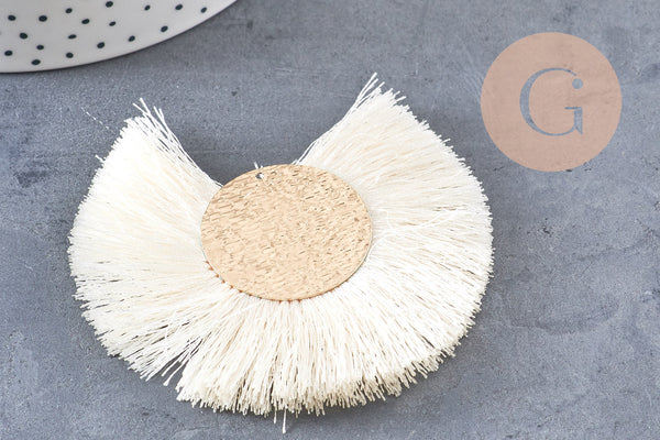 Pendentif large pompon fil blanc écru or support doré,création boucles oreille, pendentif fil or, 70-80mm, x 2 (G4531)