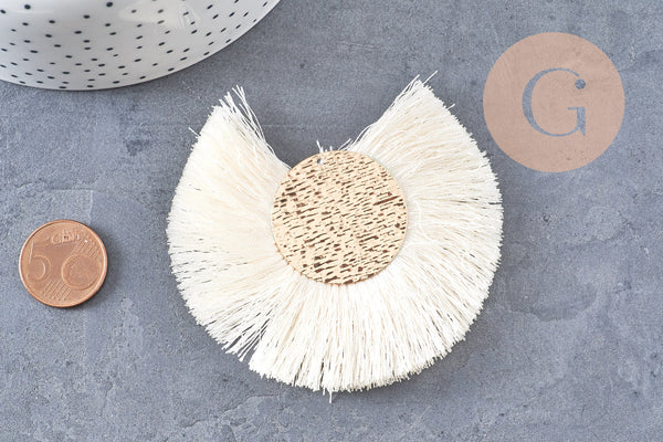 Pendentif large pompon fil blanc écru or support doré,création boucles oreille, pendentif fil or, 70-80mm, x 2 (G4531)