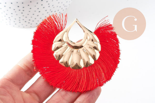 Pendentif large pompon fil rouge support doré,pendentif en fil sur support doré, 85-92mm, x 2 (G4534)