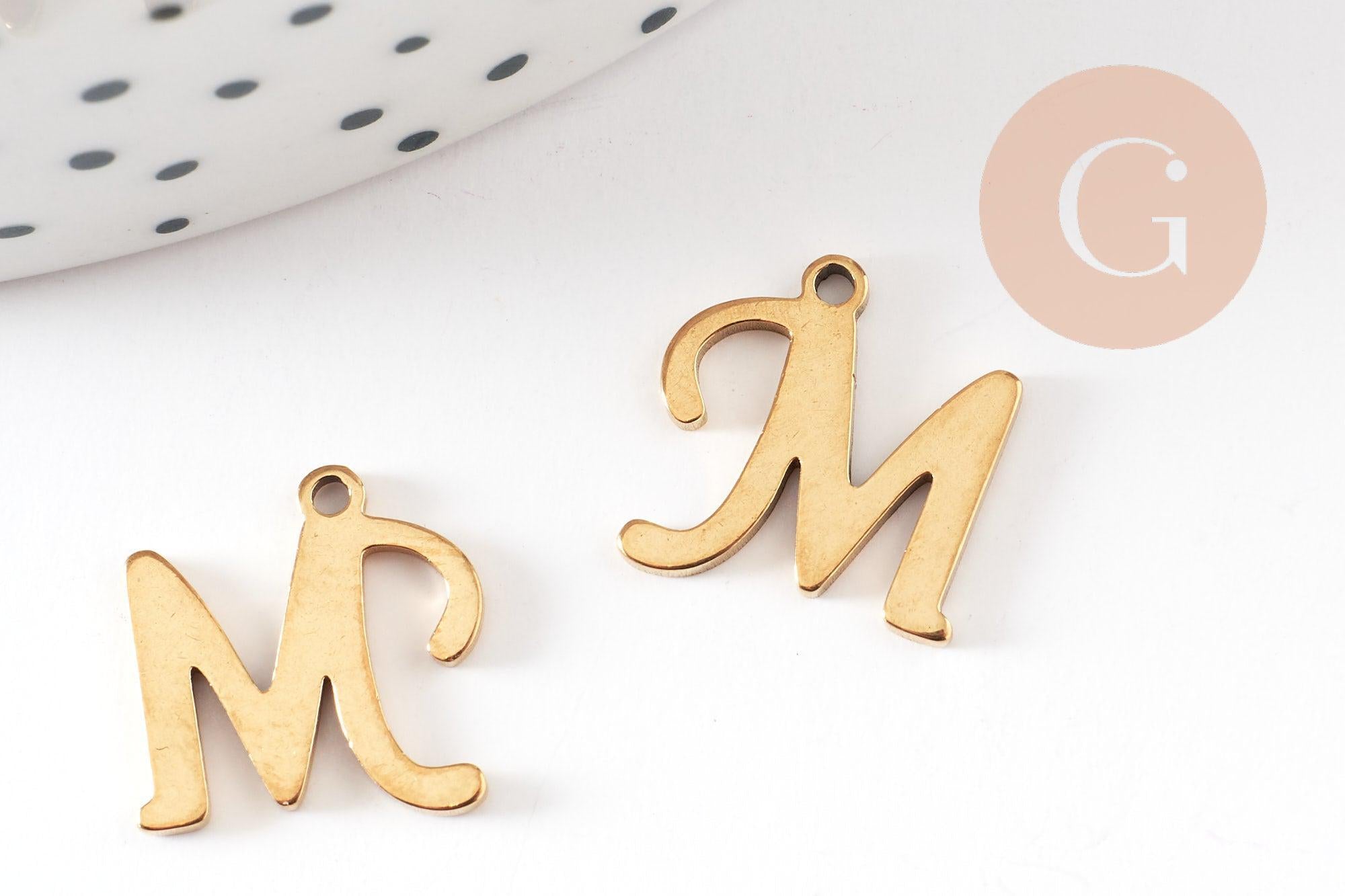 Pendentif lettre initiale M majuscule acier inoxydable 201 doré PVD 12mm, x1 (G9381)