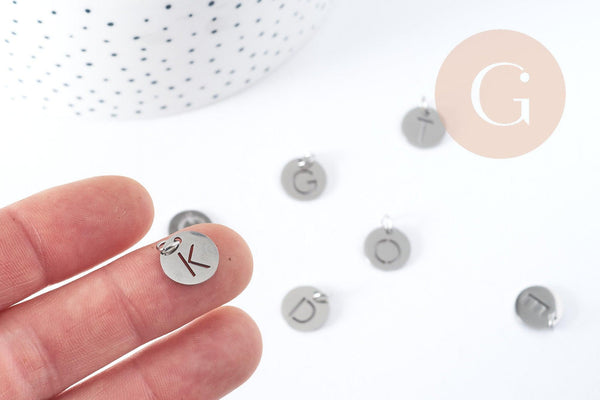 Pendentif lettre initiale acier 201 inoxydable platine sans nickel 12mm, x1 (G8969)