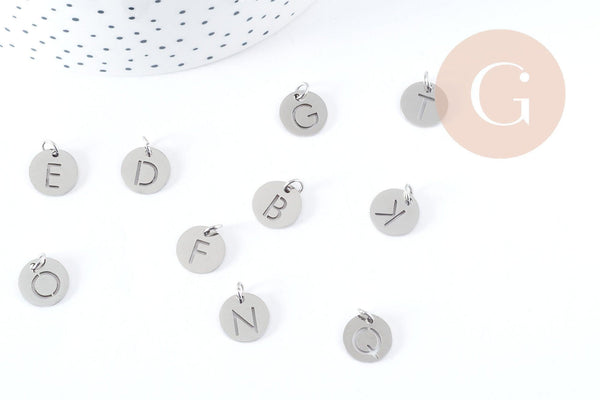 Pendentif lettre initiale acier 201 inoxydable platine sans nickel 12mm, x1 (G8969)