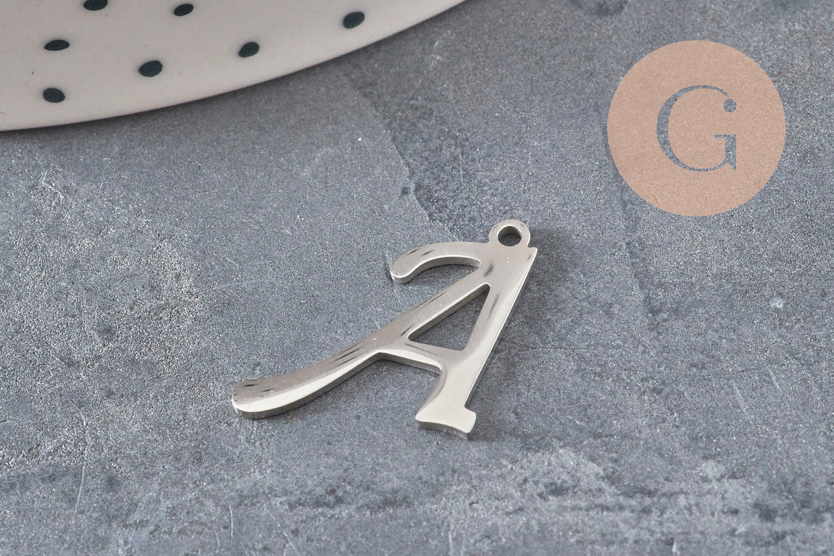 Pendentif lettre initiale acier inoxydable platine 20.5mm, x1 (G11374)