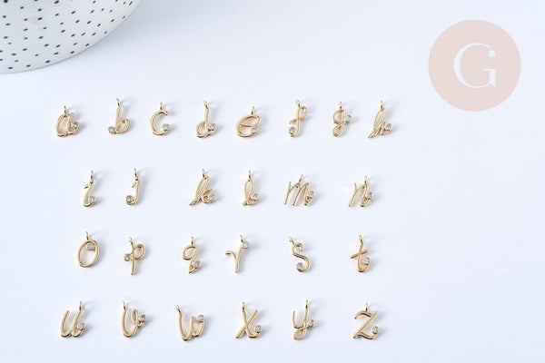 Pendentif lettre initiale laiton doré zircon blanc 11mm, x1 (G7946)