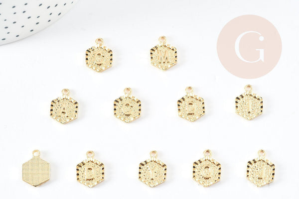 Pendentif lettre initiale zamac doré 18k sans nickel hexagone 17.5mm,pendentif initale lettre mot prenom,à x1,x1 G3463
