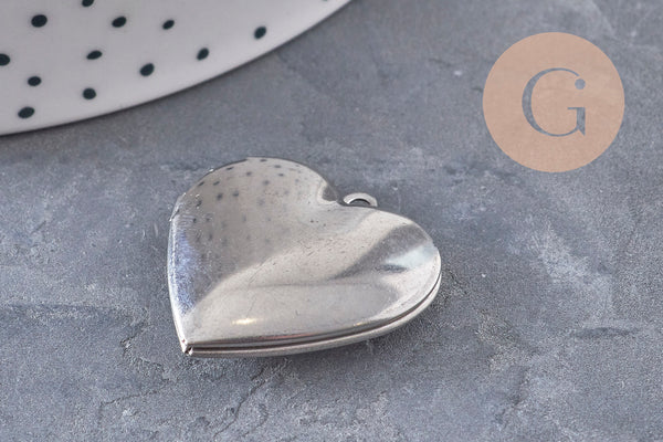 Pendentif locket coeur acier 316 inoxydable platine 29mm, x1 (G10984)