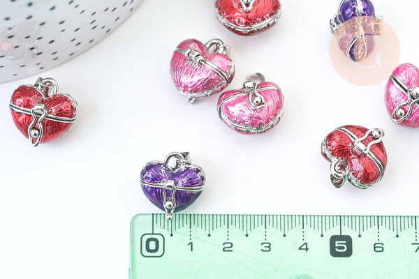 Pendentif locket coeur argenté émaillé, bijoux de grossesse, création bijoux argenté, 17.5mm, x1 G5513