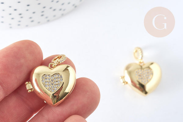 Pendentif locket cœur laiton doré 18K zircon blanc 19,5mm,pendentif qui s'ouvre pour création bijoux, x1 G7374