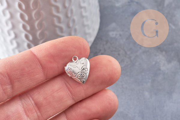 Pendentif locket cœur medaillon laiton argenté, médaillon Vintage, création collier, 15.6mm, x 2 (G3341)