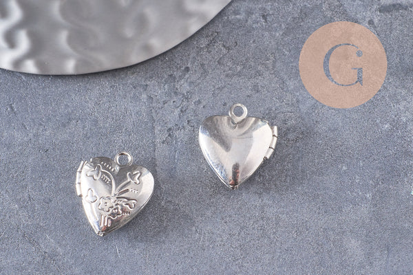 Pendentif locket cœur medaillon laiton argenté, médaillon Vintage, création collier, 15.6mm, x 2 (G3341)