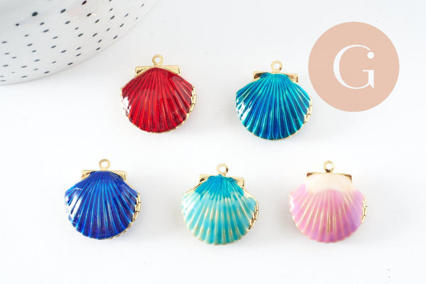 Pendentif locket coquillage laiton doré 18K émaillé 23.5mm, Pendentif création bijoux x1 G9551