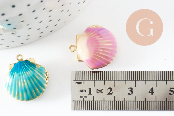 Pendentif locket coquillage laiton doré 18K émaillé 23.5mm, Pendentif création bijoux x1 G9551