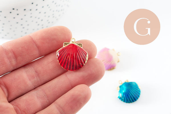 Pendentif locket coquillage laiton doré 18K émaillé 23.5mm, Pendentif création bijoux x1 G9551