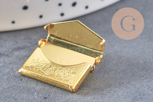 Pendentif locket enveloppe laiton doré 21.8mm, médaillon Vintage pour création collier x1 (G3321)