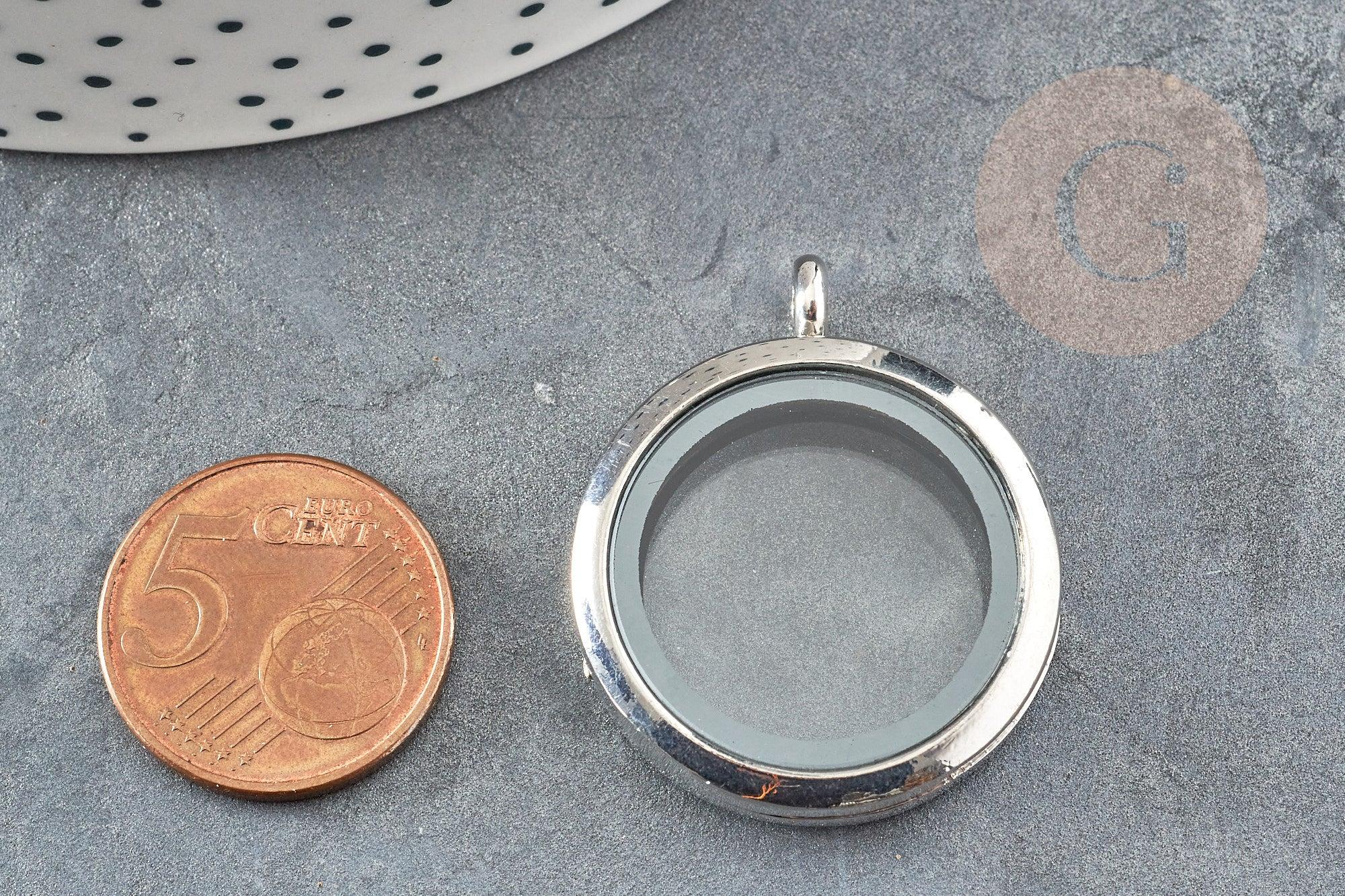 Pendentif locket medaillon verre laiton argenté 35mm, x1 (G9217)