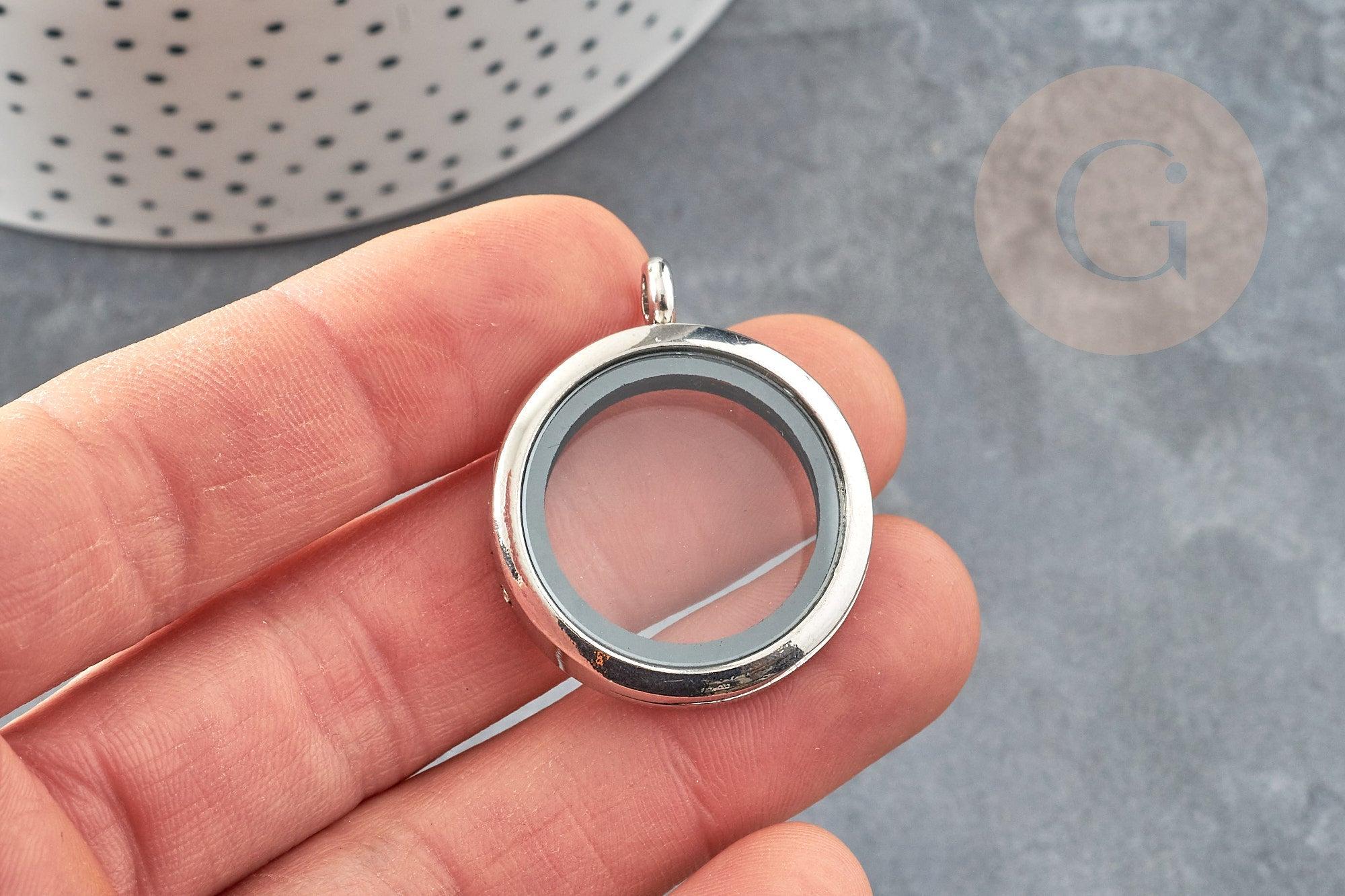 Pendentif locket medaillon verre laiton argenté 35mm, x1 (G9217)