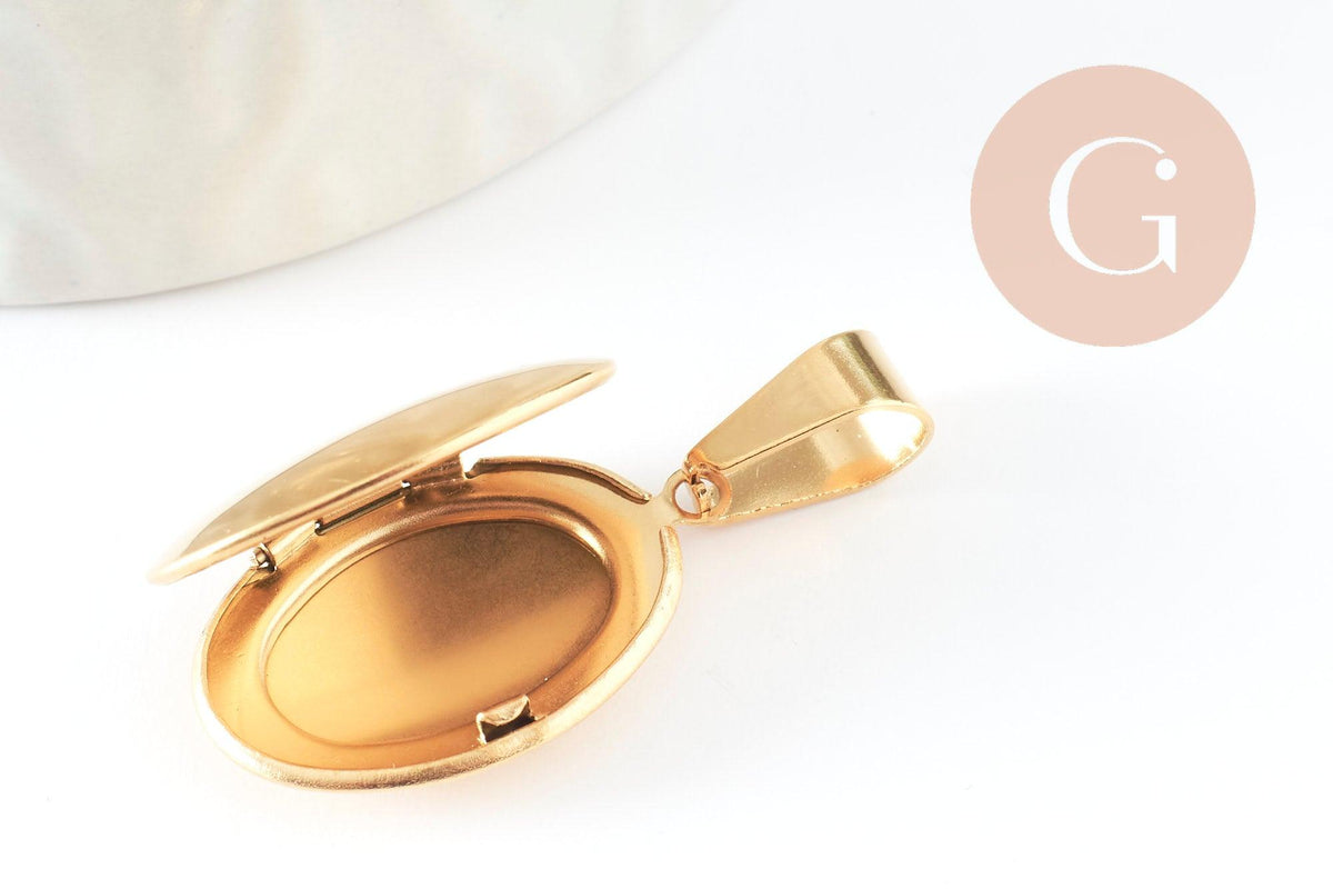 Pendentif locket ovale acier 304 inoxydable doré IP 18K 24mm, x1 (G9466)