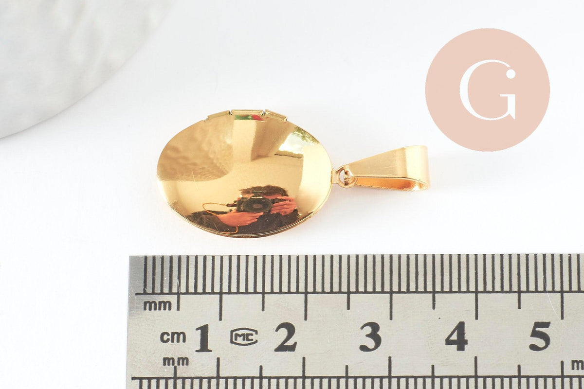 Pendentif locket ovale acier 304 inoxydable doré IP 18K 24mm, x1 (G9466)