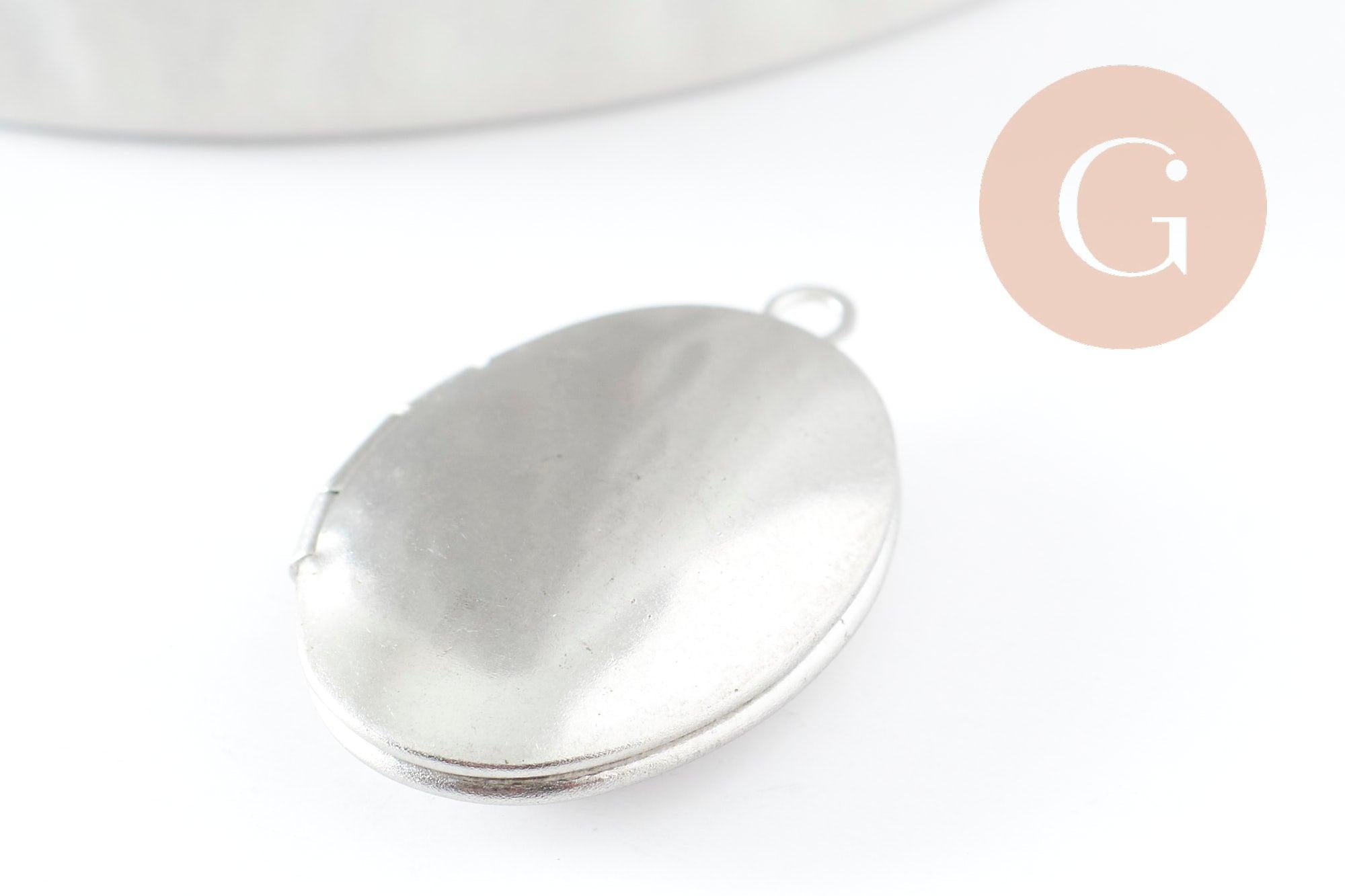 Pendentif locket ovale acier 316 inoxydable platine 24mm, x1 (G9450)