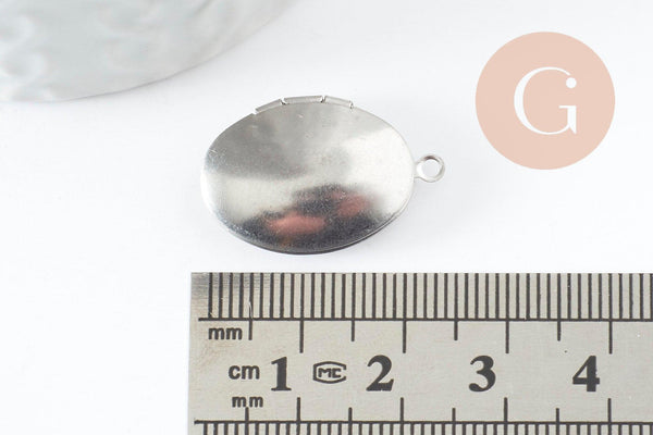 Pendentif locket ovale acier 316 inoxydable platine 24mm, x1 (G9450)