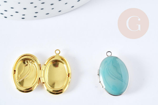 Pendentif locket ovale laiton doré ou argenté émaillé 24mm, x1 (G8606)