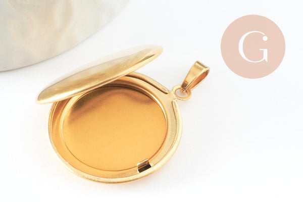 Pendentif locket rond acier 316 inoxydable doré 31mm, x1 (G9467)