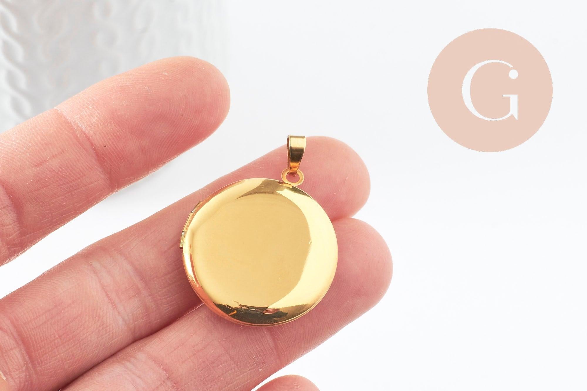 Pendentif locket rond acier 316 inoxydable doré 31mm, x1 (G9467)