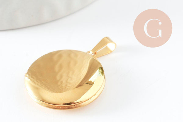 Pendentif locket rond acier 316 inoxydable doré IP 18K 23mm, x1 (G9461)