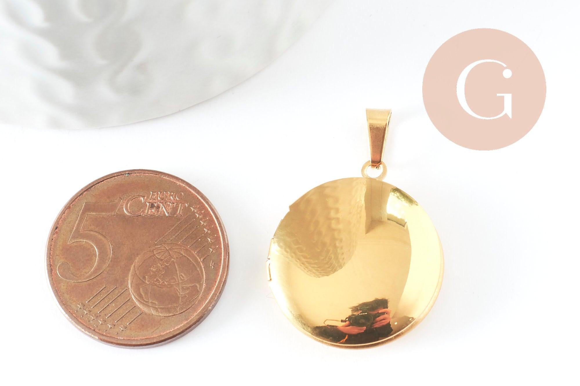 Pendentif locket rond acier 316 inoxydable doré IP 18K 23mm, x1 (G9461)